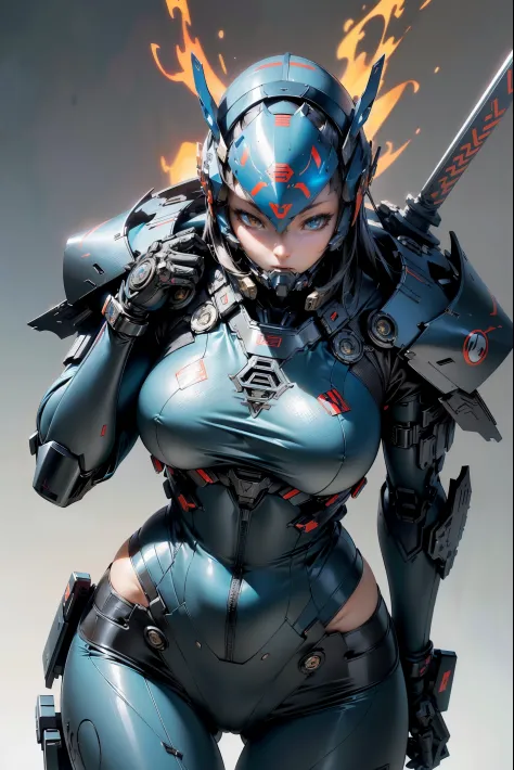 (masutepiece,Extremely detailed, Heavy mechs, hard surface),(Concept art:1.1),(Gundam Style:0.8), A woman wearing samurai cyber armor holds a sword,(tactical helmet),(blue body:1.1),(long legged:1.1),(A detailed eye:1.3),(A detailed face:1.3),(Detailed wea...