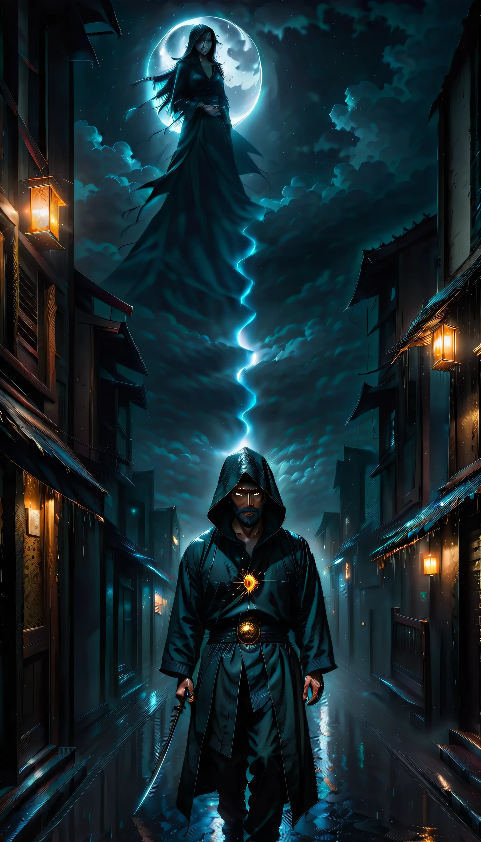 Illustration of a secret base with intricate details, subtle lighting elements, Profile and portrait are too far apart, radiant cooling street, A nervous expression with anger hidden in his chest, Holds a dagger carved with madness, Walk quietly, An atmosphere of beauty like a finely honed blade, Dark fantasy cityscape at night, drizzle and darkest clouds drift, Eternal time, It feels like the wind of eternity,  atmosphere, Tears, Streetlights shining with sadness, Sadness shines through your face, Cold rain, expression of wet clothes, Very dim light with the essence of dark fantasy, dim sadness glow particles coating, sad wish, Still like a movie, A nightmarish sky, Moon and stars through the clouds, Solemn evening, Palette knife and brushstroke supplements, matte painting, wish for death, shinigami atmosphere, One Person, wish for death, floating in sky. additional neo-gothic, shadow minimalism,