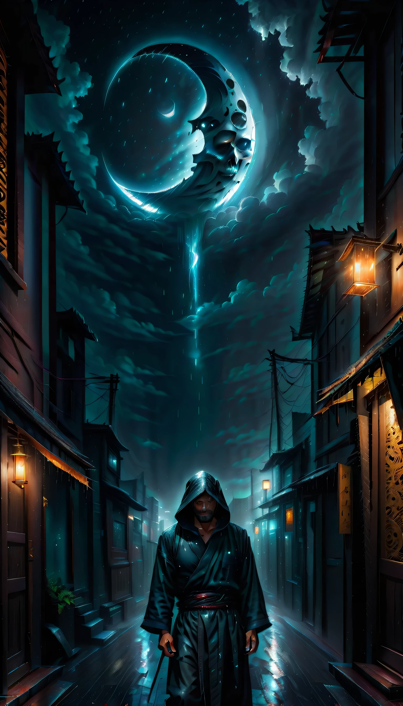 Illustration of a secret base with intricate details, subtle lighting elements, Profile and portrait are too far apart, radiant cooling street, A nervous expression with anger hidden in his chest, Holds a dagger carved with madness, Walk quietly, An atmosphere of beauty like a finely honed blade, Dark fantasy cityscape at night, drizzle and darkest clouds drift, Eternal time, It feels like the wind of eternity,  atmosphere, Tears, Streetlights shining with sadness, Sadness shines through your face, Cold rain, expression of wet clothes, Very dim light with the essence of dark fantasy, dim sadness glow particles coating, sad wish, Still like a movie, A nightmarish sky, Moon and stars through the clouds, Solemn evening, Palette knife and brushstroke supplements, matte painting, wish for death, shinigami atmosphere, One Person, wish for death, floating in sky. additional neo-gothic, shadow minimalism,