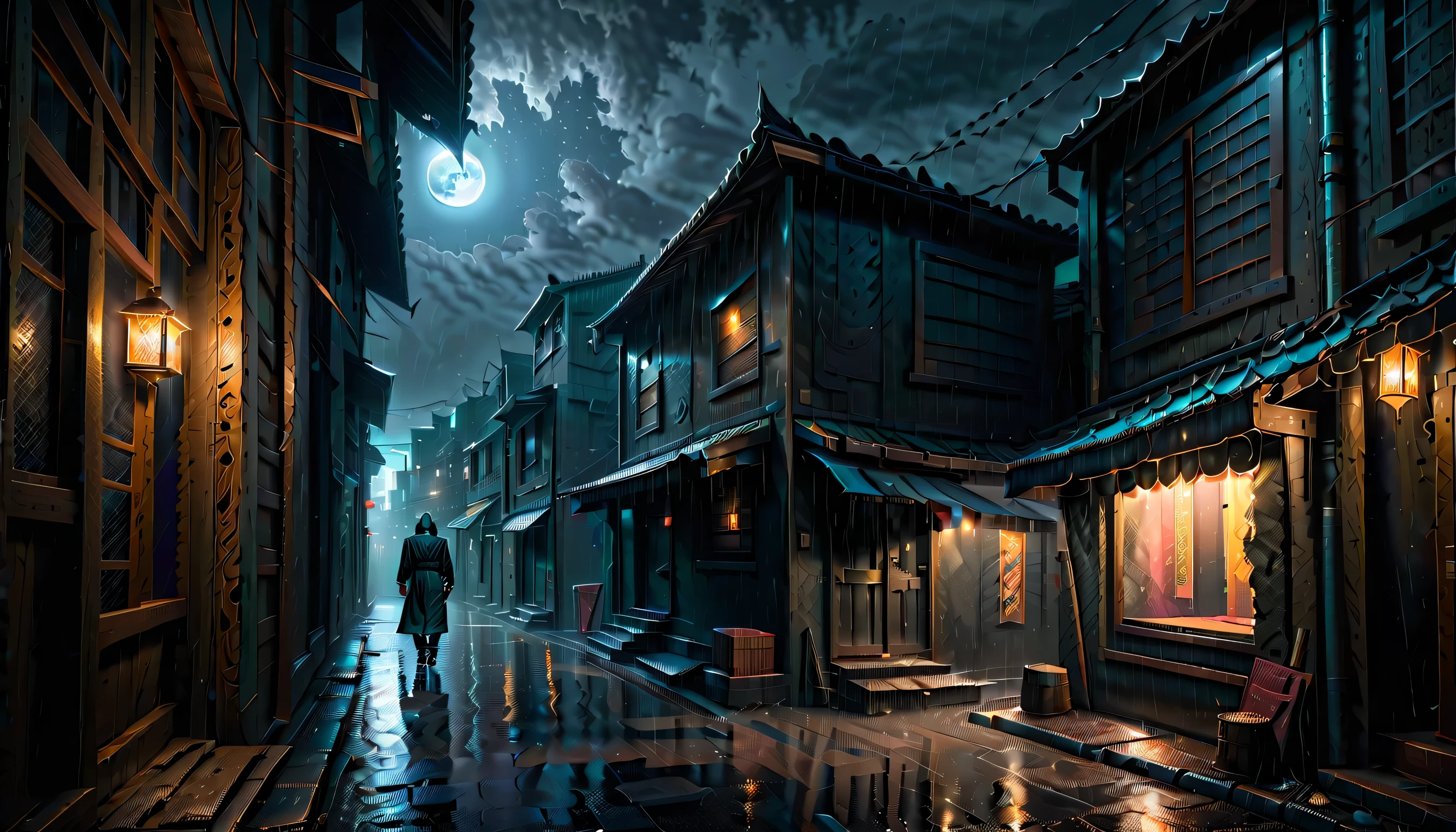Illustration of a secret base with intricate details, subtle lighting elements, Profile and portrait are too far apart, radiant cooling street, A nervous expression with anger hidden in his chest, Holds a dagger carved with madness, Walk quietly, An atmosphere of beauty like a finely honed blade, Dark fantasy cityscape at night, drizzle and darkest clouds drift, Eternal time, It feels like the wind of eternity,  atmosphere, Tears, Streetlights shining with sadness, Sadness shines through your face, Cold rain, expression of wet clothes, Very dim light with the essence of dark fantasy, dim sadness glow particles coating, sad wish, Still like a movie, A nightmarish sky, Moon and stars through the clouds, Solemn evening, Palette knife and brushstroke supplements, matte painting, wish for death, shinigami atmosphere, One Person, wish for death, floating in sky. additional neo-gothic, shadow minimalism,