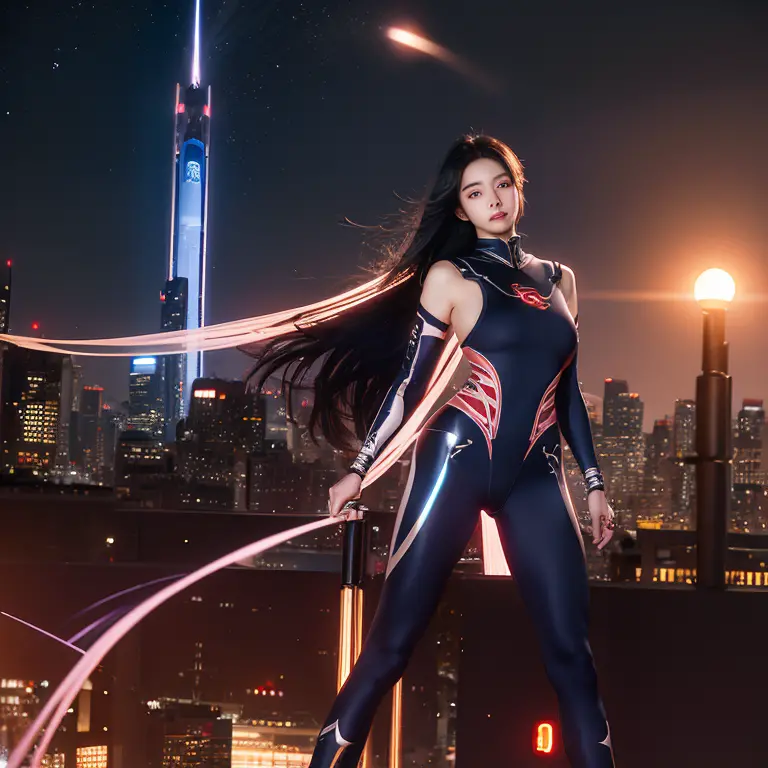 Beautiful CG animated Asians，in my 20s，Star face，Mecha tights body，glowing hairlack element，Mechanical City