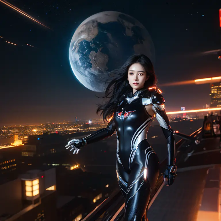 Beautiful CG animated Asians，in my 20s，Star face，Mecha tights body，glowing hairlack element，Mechanical City