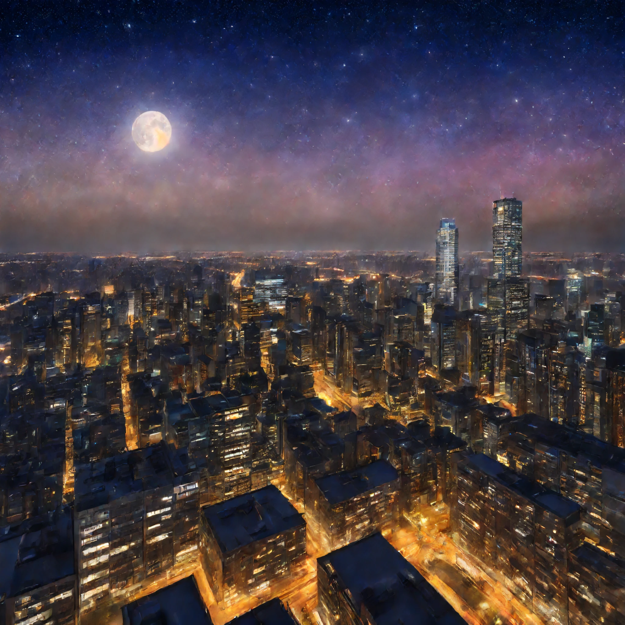 finest image, 8k, RAW photo, realistic, detailed, delicate, flashy and dynamic depiction, the dazzling night view of the downtown area of ​​a big city seen from the window of a high-rise apartment, the pale moon, the starry iridescent sky, and fantasy, art