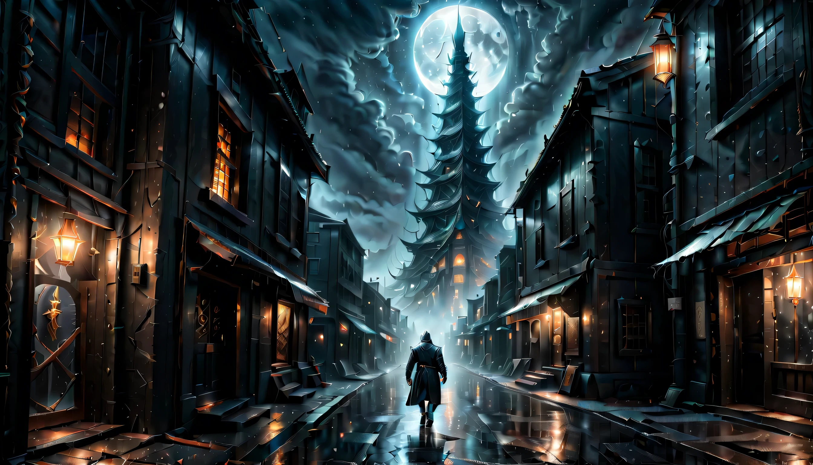 Illustration of a secret base with intricate details, subtle lighting elements, Profile and portrait are too far apart, radiant cooling street, A nervous expression with anger hidden in his chest, Holds a dagger carved with madness, Walk quietly, An atmosphere of beauty like a finely honed blade, Dark fantasy cityscape at night, drizzle and darkest clouds drift, Eternal time, It feels like the wind of eternity,  atmosphere, Tears, Streetlights shining with sadness, Sadness shines through your face, Cold rain, expression of wet clothes, Very dim light with the essence of dark fantasy, dim sadness glow particles coating, sad wish, Still like a movie, A nightmarish sky, Moon and stars through the clouds, Solemn evening, Palette knife and brushstroke supplements, matte painting, death wish for death with keep singing death-god, god of death, wish for death, floating in sky. additional gothic style,