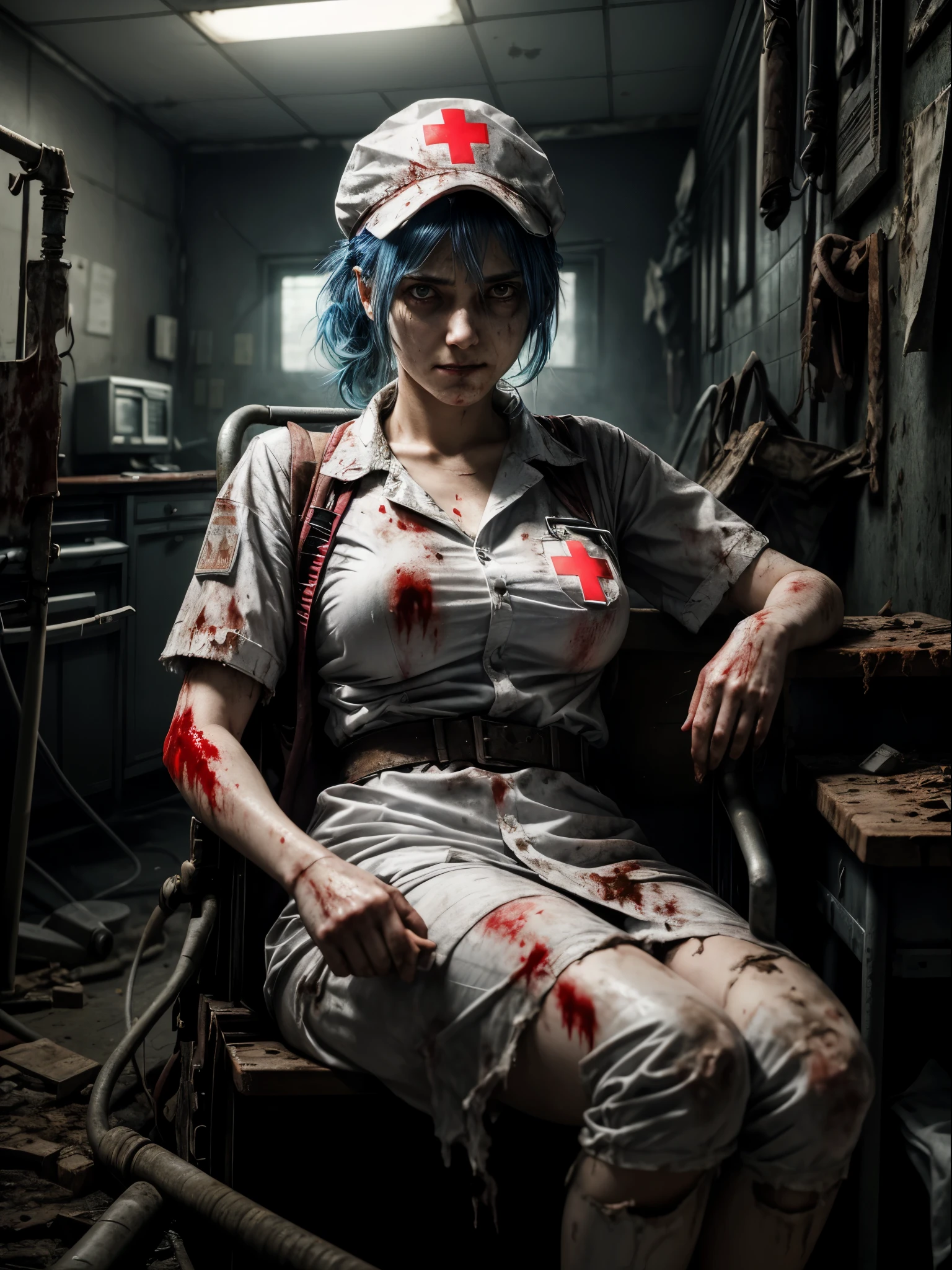 Шедевр в максимальном разрешении 16К, жуткий стиль Silent Hill. | 20-летняя женщина, носит костюм медсестры, весь в белом, now грязный, разорванный, и обагренный кровью. Ее тело демонстрирует признаки напряжения, покрытый потом, как она смотрит на зрителя решительным взглядом и злой улыбкой. Ее короткий, синие волосы с объемной челкой перед правым глазом дополнены жуткой шапочкой медсестры., с красным крестом в центре. На фоне ухудшения, грязный, и жуткая больница, наполненная разрушенными больничными машинами, старые и сломанные кровати, кровавые демоны, жуткие алтари, скалистые структуры, протекающие трубы, и испорченные компьютеры. Стиль Silent Hill пронизывает сцену, погружая его в демоническую атмосферу ужаса и террора. | Композиция сцены подчеркивает разложение и ужас., использование темных углов и игры света и тени для усиления мрачной атмосферы. Такие детали, как кровь на костюмах., зловещее выражение лица персонажа, и разрушение больницы способствуют созданию визуально впечатляющего впечатления.. | Сцена жуткой женщины в костюме медсестры, погружен в среду Silent Hill, полную демонов и разрушений, с ее решительным взглядом и злой улыбкой. | {Камера расположена очень близко к ней., revealing her entire body as she adopts an злой_позаas, увлекательное взаимодействие и опирание на структуру на сцене} | Она принимает ((злой_позаas interacts, смело опираясь на конструкцию, откинувшись назад захватывающим образом):1.3), ((идеальный_поза)), ((все тело)), идеальный_пальцы, идеальный_ноги, &quot;Более детально&quot;