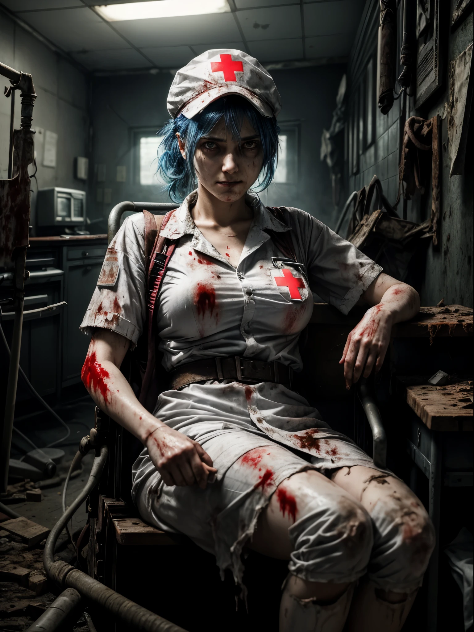 Masterpiece in maximum 16K resolution, macabre Silent Hill style. | A 20-year-old woman, wears a nurse outfit all in white, now dirty, torn, and stained with blood. Her body shows signs of exertion, covered in sweat, as she gazes at the viewer with a determined look and an evil smile. Her short, blue hair with a voluminous fringe in front of her right eye is complemented by a macabre nurse cap, boasting a red cross in the center. Amidst a deteriorated, dirty, and macabre hospital filled with destroyed hospital machines, old and broken beds, bloody demons, macabre altars, rocky structures, leaking pipes, and ruined computers. The Silent Hill style permeates the scene, immersing it in a demonic atmosphere of horror and terror. | The composition of the scene emphasizes decay and horror, using dark angles and play of light and shadow to intensify the macabre atmosphere. Details such as blood on the costumes, the sinister facial expression of the character, and the destruction of the hospital contribute to creating a visually impactful experience. | Scene of a macabre woman in a nurse outfit, immersed in a Silent Hill environment full of demons and destruction, with her determined gaze and evil smile. | {The camera is positioned very close to her, revealing her entire body as she adopts an angry_poseas, interacting with and leaning on a structure in the scene in an exciting way} | She is adopting an ((angry_poseas interacts, boldly leaning on a structure, leaning back in an exciting way):1.3), ((perfect_pose)), ((full body)), perfect_fingers, perfect_legs, “More Detail”