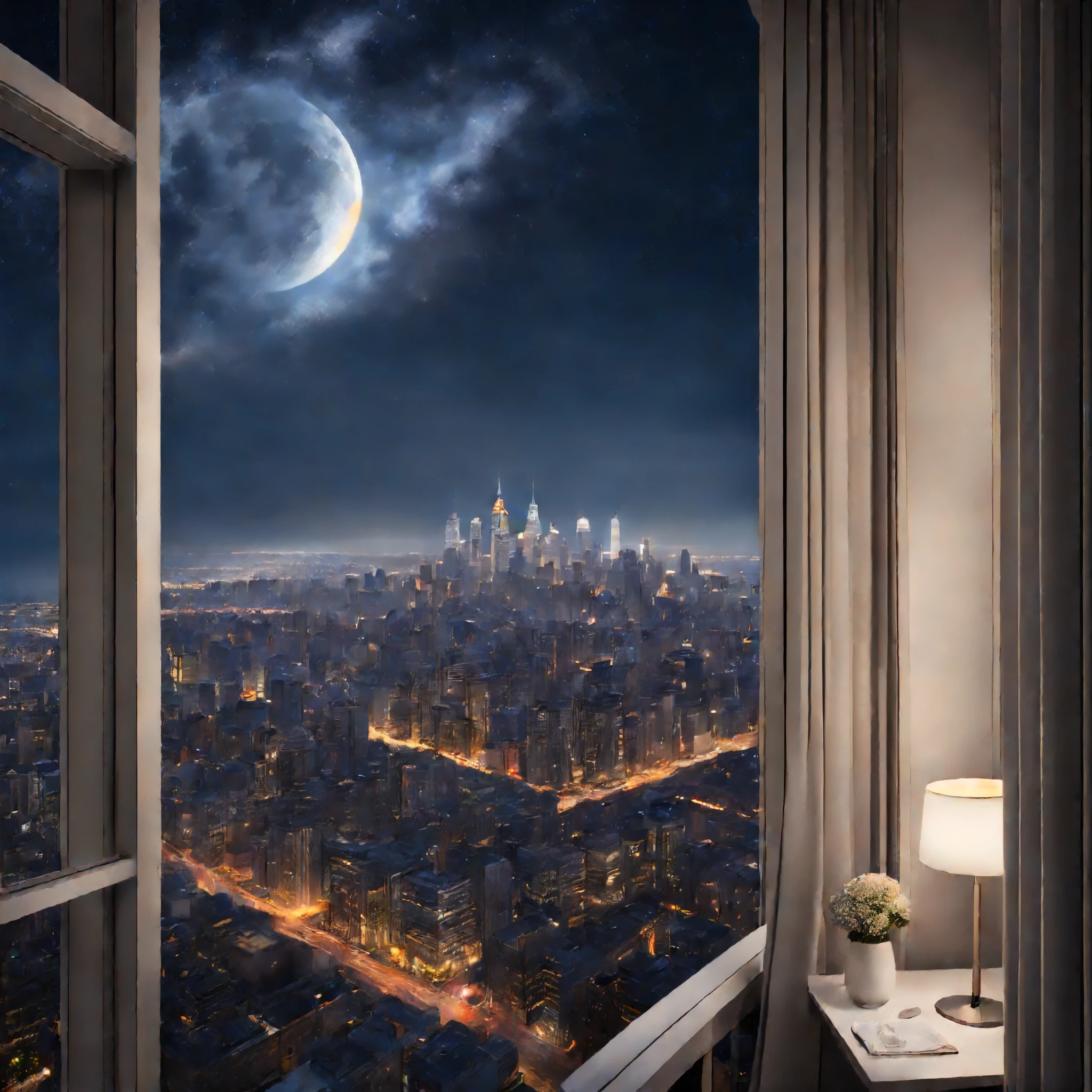 最好的圖像, 8K, 原始照片, 實際的, 詳細的, 精美的, 華麗而動態的描繪, the dazzling night view of the downtown area of ​​a big city seen from the window of a high-rise ap藝術ment, 苍白的月亮, 繁星闪烁的天空, 和幻想, 藝術