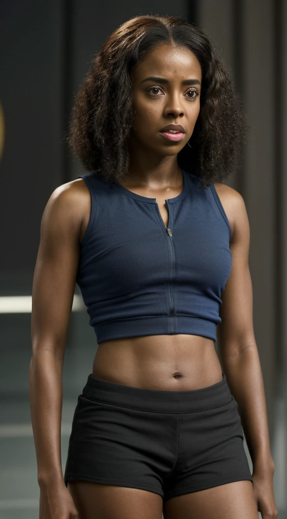 una mujer con una camisa azul y pantalones cortos de spandex negros, esta persona no existe, 30 años, mujer mestiza, negro-cubano-francés, Aida Muluneh-Sasha Compère-Jenifer Lewis-Lolly Adefope-Amandla Stenberg-Tamala Jones-Kylie Bunbury-Wiz Khalifa-Condola Rashad-Jayme Lawson-Kelly Rowland-Samantha Logan-Jerrika Hinton-Aja Naomi King Merged, todo el cuerpo visible, cuerpo completo, Híper realista, mejor calidad, 8K, piel humana real, obra maestra, extremadamente intrincado, Primer plano medio, ojos detallados, cara detallada, cuerpo detallado, rasgos exagerados, Características pronunciadas