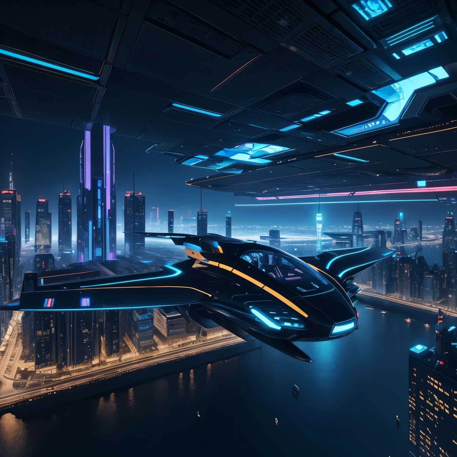 Nachtstadt, Cyberpunk,Grand immeuble, eine Flugroute mit einem fliegenden Taxi, Die Farben basieren auf Blau, ((futuristisch)) Und (mechanisch) Umfeld, 4K