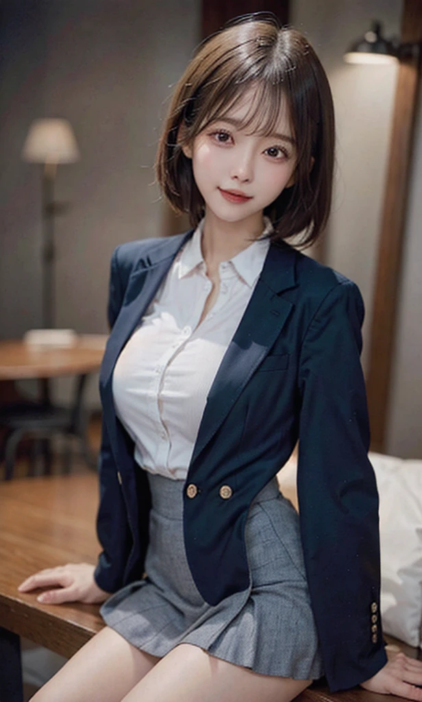 (Original photography:1.2)、best qualtiy、Beautiful Meticulous Girl、ssmile、short detailed hair、dark blue suit、The eyes and face are very detailed、美丽细致的眼睛、The file size is huge、A high resolution、8k 壁纸、finely detailled、room、There is light on the face、电影灯光、18 years old girls、a sexy pose、(photographrealistic:1.4)、illustratio、hyper-detailing、button down jacket、short  skirt、Skinny Thighs、shirt open to、Nothing