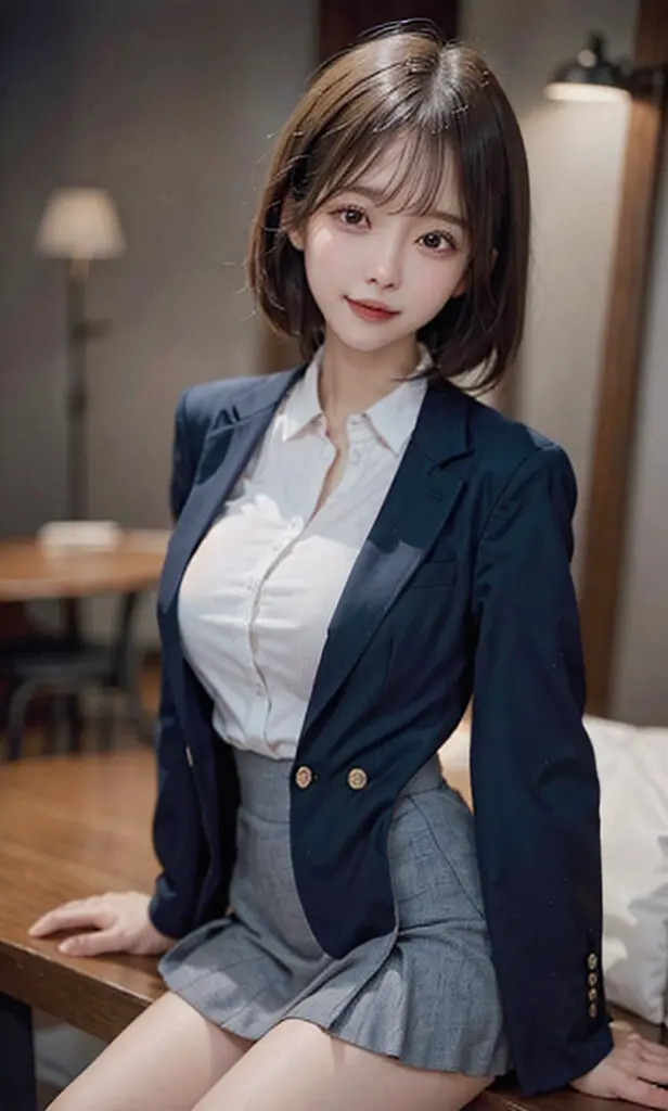 (Original photography:1.2)、best qualtiy、Beautiful Meticulous Girl、ssmile、short detailed hair、dark blue suit、The eyes and face ar...