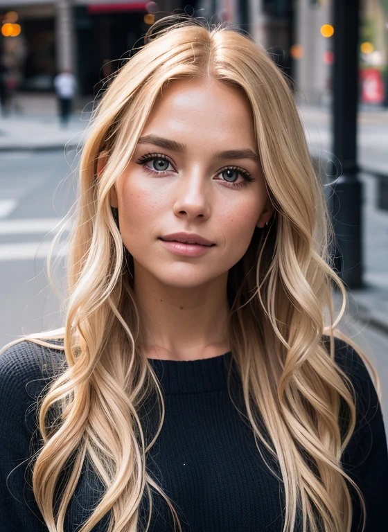 Professional portrait photo of a beautiful Norwegian girl with long wavy blond hair, sultry flirtatious look, Sommersprossen, Beautiful symmetrical face, cute natural makeup, Standing outside in the city street