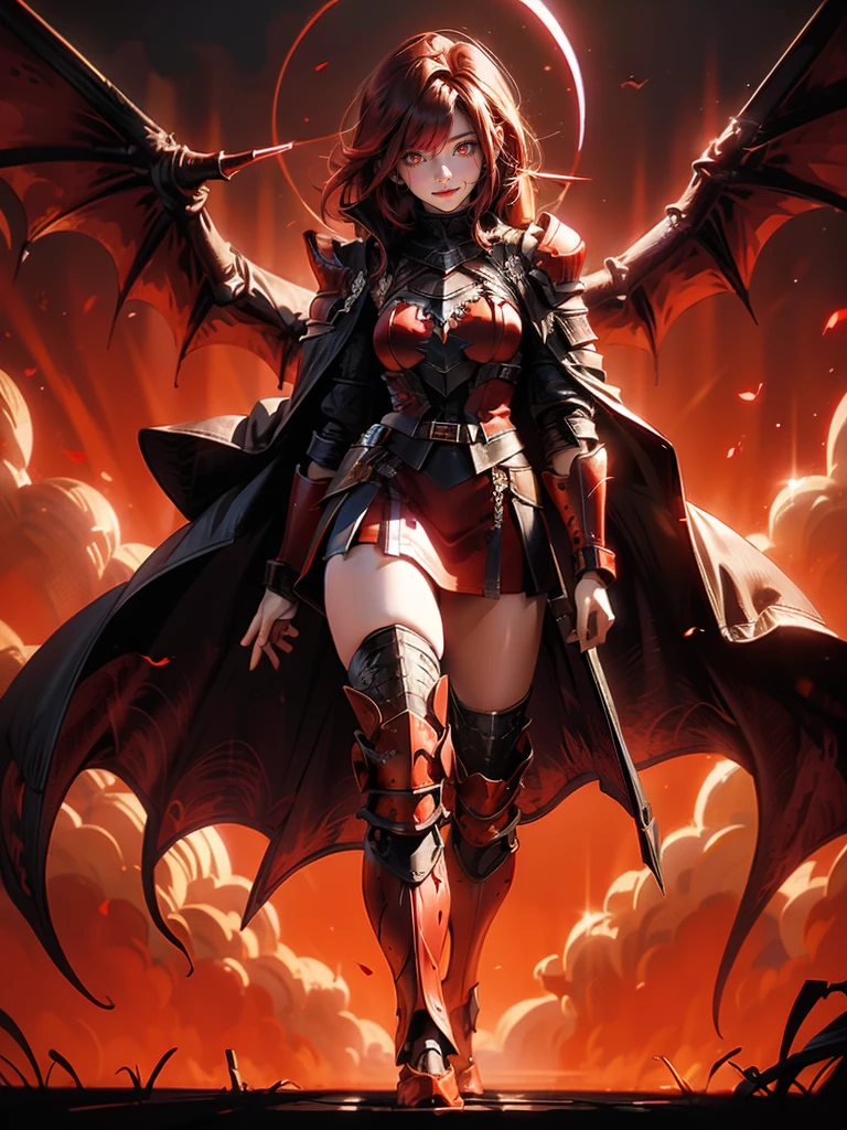 Dark night blood moon background, Darkest Dungeon style, 1female,walking. glowing red eyes, dark hair, wily smile, badass, dangerous. Wearing full red armor with dragon scales, cape of furs.