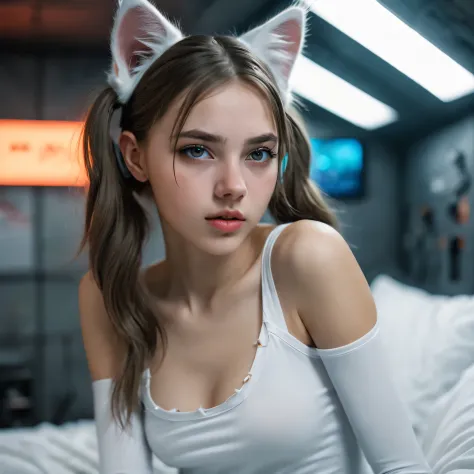 White girl,  sitting on a bed,  in a cyberpunk steel bunker with hatches etc.,  in the background. she is wearing white cats ear...