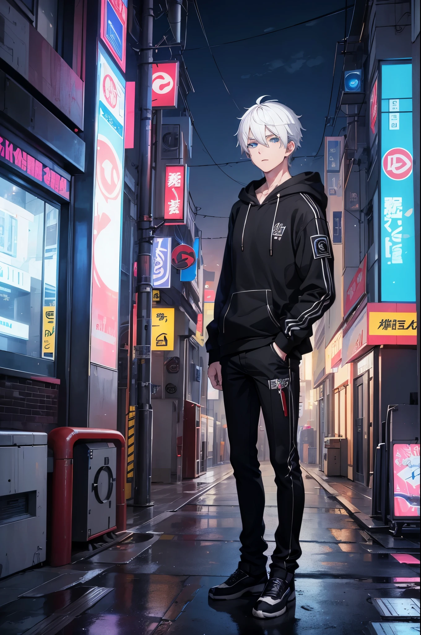 a 20-year-old boy,full bodyesbian、White hair, Blue eyes, one male individual, Anime style, Cyberpunk, Illuminated street, high quality picture, 4K, movie, Detailed face, the detailed images, hoodie black