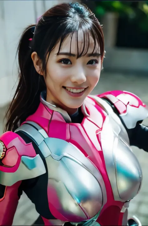 pink power range lemele、Realistic, shiny pink and white suit、Power Rangers Bodysuit、professional photo japanese model,fleshy body, A smile、Colossal tits、A dark-haired、Sweaty face、swimming pools、arching back down、