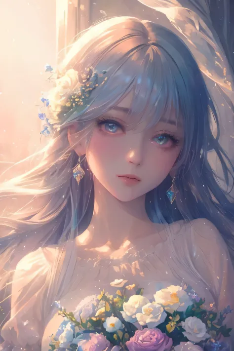 (High quality, 8K), (Soft light), Rainbow Color, One girl, Detailed face, Detailed eyes, Watercolor paiting,  very magical and dreamy, dreamy and detailed, dreamy ambianceとドラマ, Gorgeous atmosphere, Beautiful dreamy lighting, dreamy ambiance, Beautiful atmo...