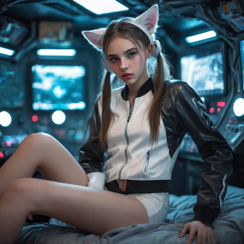 Beautiful girl,  sitting on a bed,  in a cyberpunk steel bunker with hatches etc.,  in the background. she is wearing white cats...