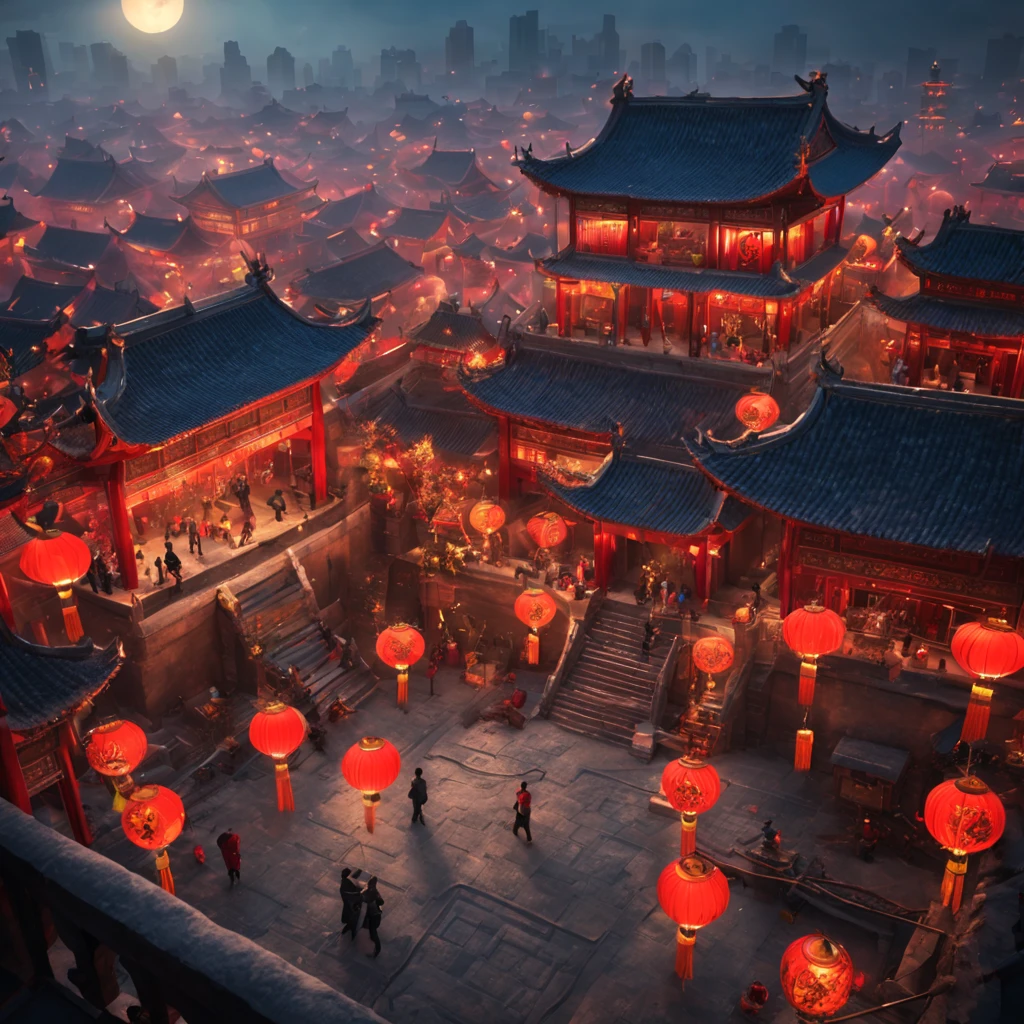 Antiga cidade chinesa，crianças brincando，（（a noite））a lua，A casa está repleta de decorações do Ano Novo Chinês（（decoração assustadora））（（（obra-prima）））， （（Melhor qualidade na melhor das hipóteses））， （（detalhes intrincados））， （（hiper-realista））（8K）