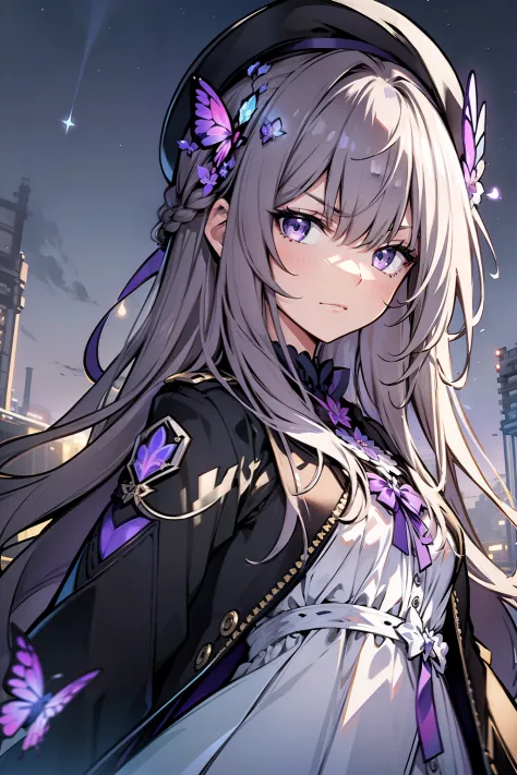 (best quality:1.3), (masterpiece:1.3), (illustration:1.3), (ultra-detailed:1.3), 1girl, solo, very young, flat chest, purple eyes, white hair, long hair, white dress, black coat, black beret, serious expression, angry expression, looking at viewer, purple ...