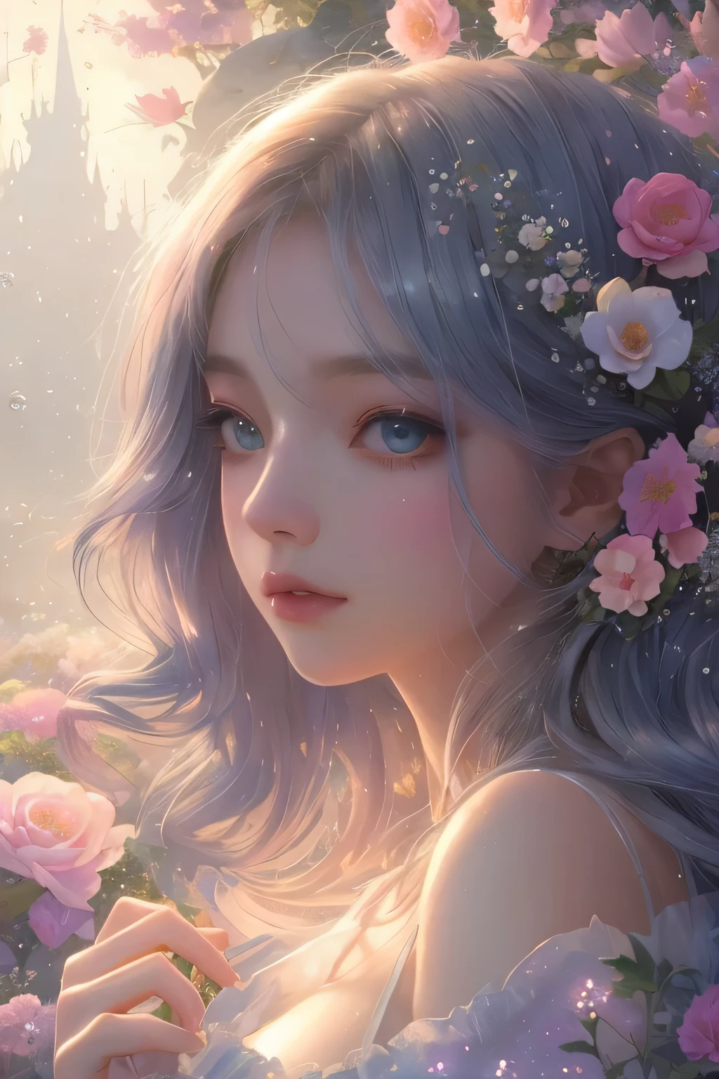 (High quality, 8K), (Soft light), Rainbow Color, One girl, Detailed face, Detailed eyes, Watercolor paiting,  very magical and dreamy, dreamy and detailed, dreamy ambianceとドラマ, Gorgeous atmosphere, Beautiful dreamy lighting, dreamy ambiance, Beautiful atmosphere, Dreamy Romantic, Ethereal dreamy theme, Magical atmosphere, Beautiful atmosphere, Anime Background Art, Magical atmosphere + masutepiece, dreamy aesthetic, Beautiful details with atmosphere, Many flowers, Bubble, Water, Flower Garden