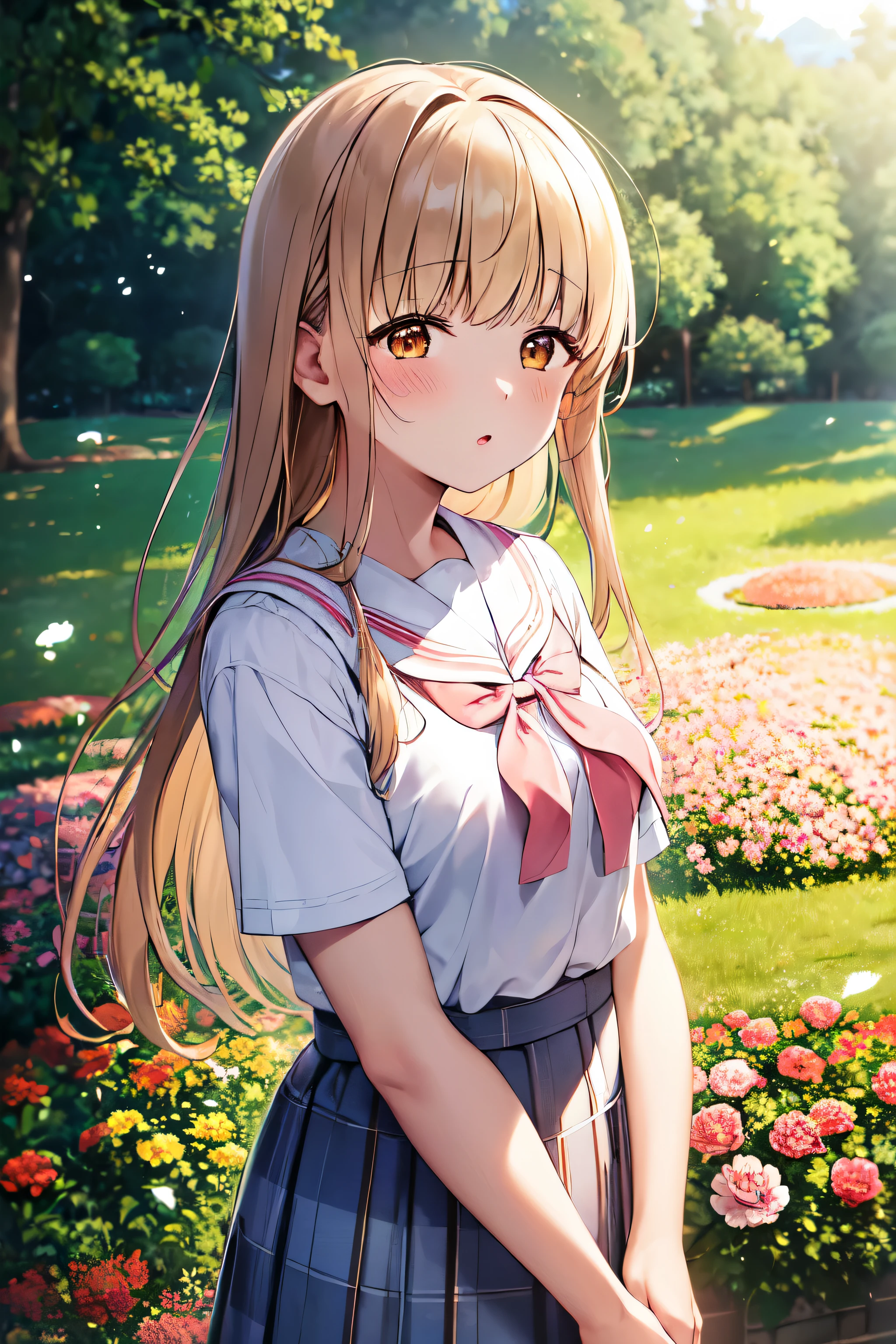 (obra maestra, mejor calidad),1 chica, mahiru shiina, solo, flor, Al aire libre, en buzón, Uniforme escolar, día, cielo, buscando, mangas cortas, Labios partidos, camisa, nube,  luz de sol, white camisa, serafín, Parte superior del cuerpo, de un lado, pink flor, Borroso, blue cielo, profundidad de campo