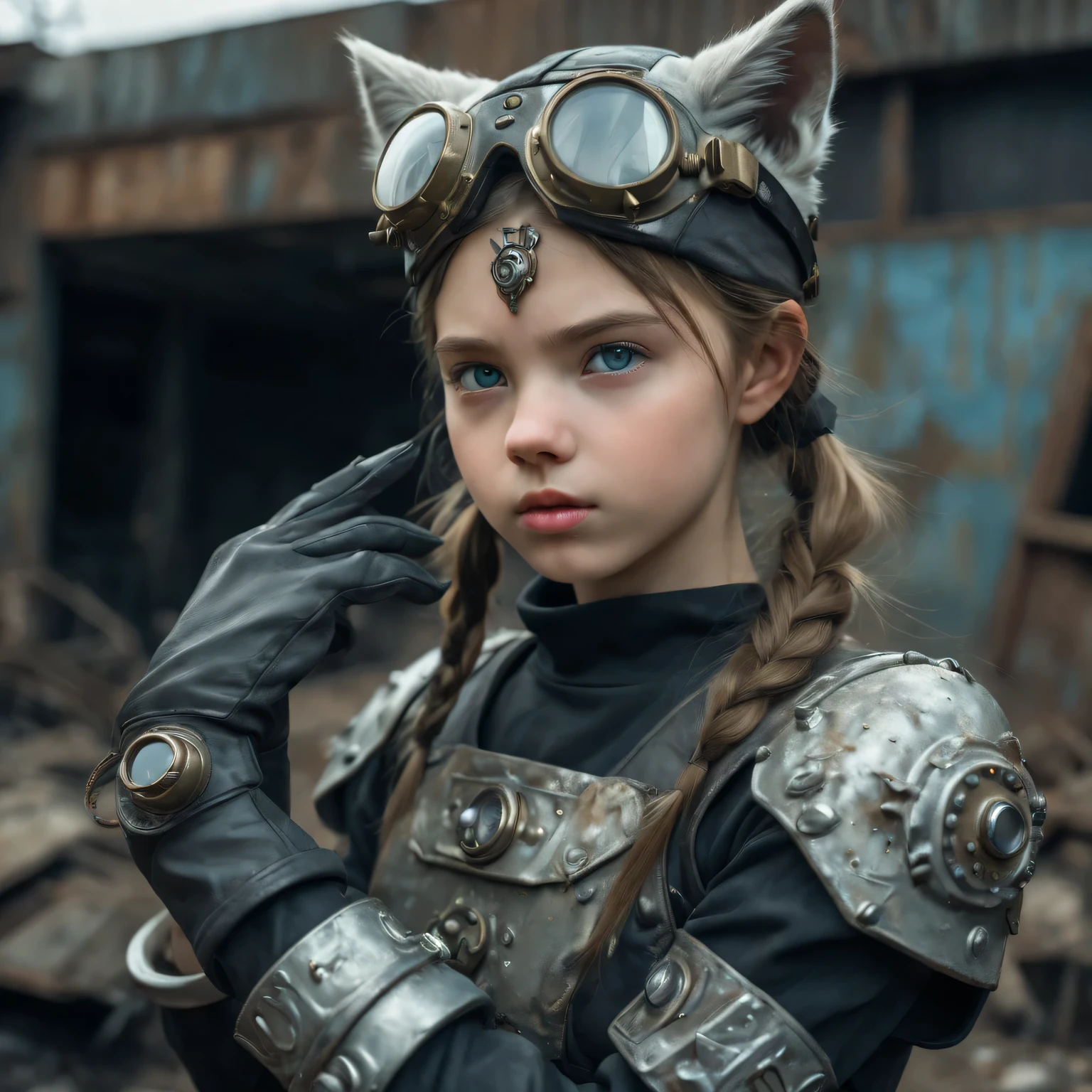 White girl, ((Anglo-Saxon)) ,wearing (vaultsuit with pipboy3000 on wrist) standing in a rundown rusty post apocalyptic steel bunker, holding a weapon in her right hand, giant fallout monster in background, professionally color graded, professional photography, well drawn, masterpiece, hyper realistic, ultra detailed, high quality, best quality, 4k, 8k, raw, detailed and realistic eyes, petite, 13 years old, )) ((wearing long leather gloves cover all her fingers)), , wearing cats ears, highly detailed, vibrant,8k Ultra HD