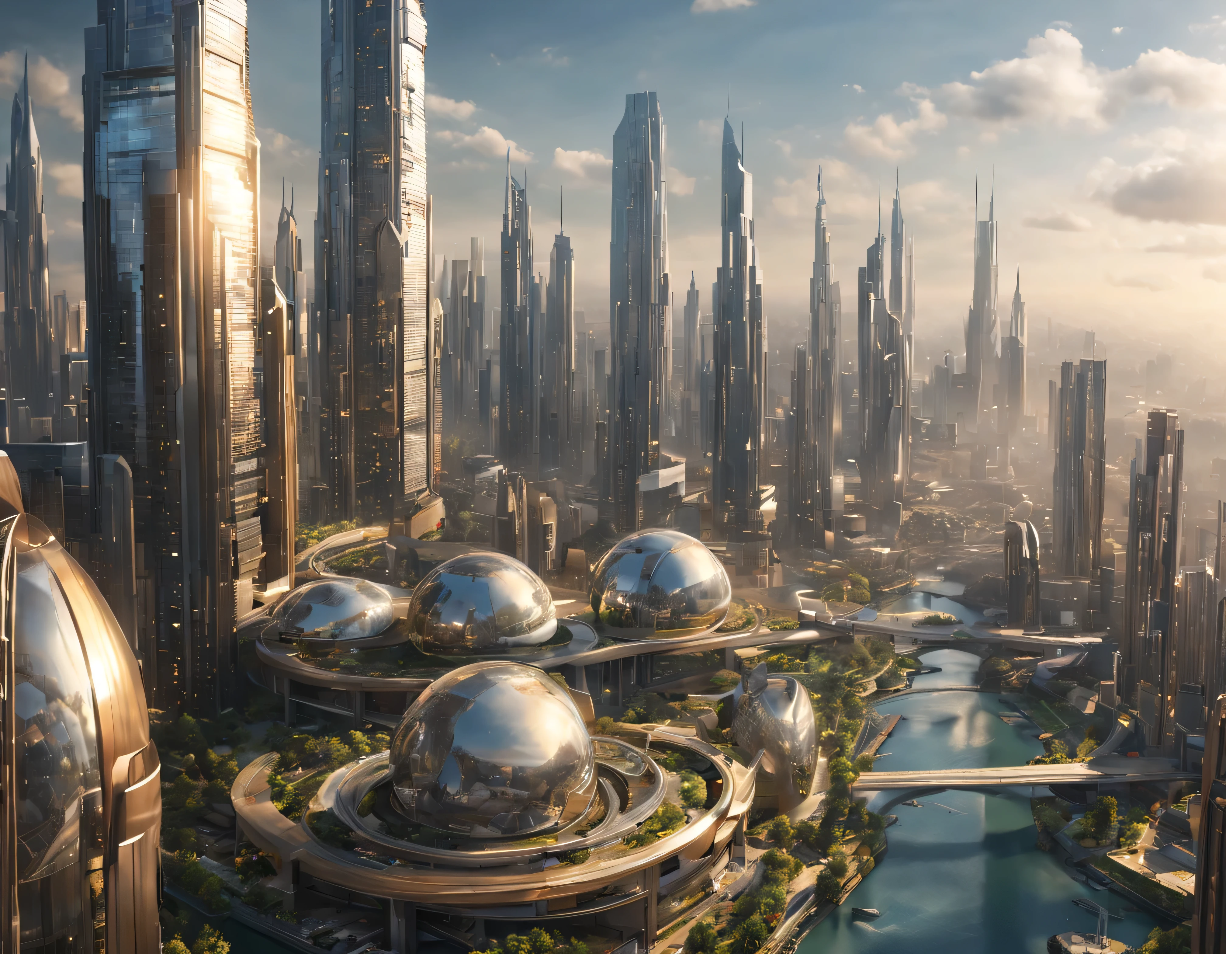 the city of megacity futuristic science fiction city as it would be in the year 3029, vista desde una terraza , with high-tech design , edificios de metal y cristal, autopistas cruzandolos, de una inmensidad impresionante, con el empleo de oro , plata y bronce en su construccion, realmente impresionante a la vista, imagen bien definida, fondo nitido bien defifido, con muchos edificios juntos. imagen nitida bien definida 8k. (arquitectura impecable), los edificios llegan alta el fondo.,8k. imagen cinematografica, renderizado 3d, ((obra maestra de superior calidad)).