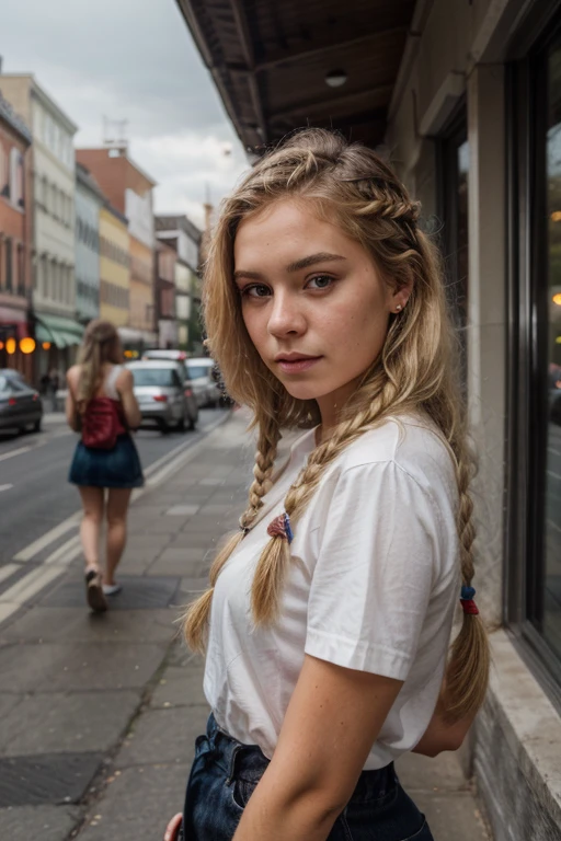 a 20 year old girl with blonde braided hair, in public, selfie, portrait