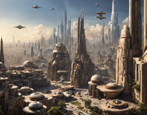 vista desde una terraza de la ciudad de coruscant de star wars, con sus inmensos edificios futuristas, divisandose el templo jed...