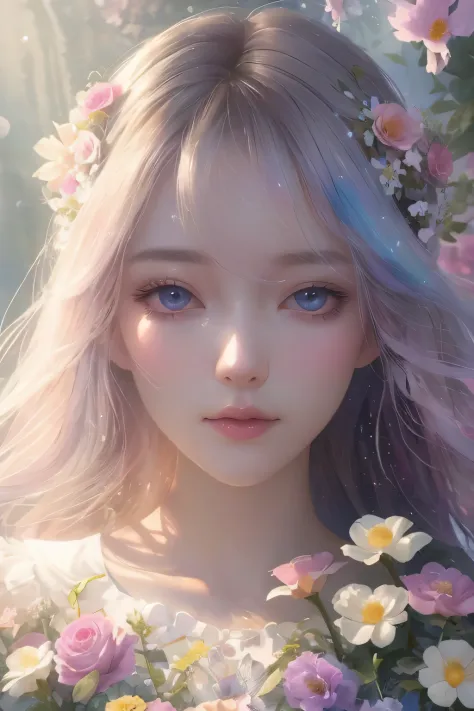 (High quality, 8K), (Soft light:1.2), Rainbow Color, One girl, Detailed face, Detailed eyes, Watercolor paiting,  very magical and dreamy, dreamy and detailed, dreamy ambianceとドラマ, Gorgeous atmosphere, Beautiful dreamy lighting, dreamy ambiance, Beautiful ...