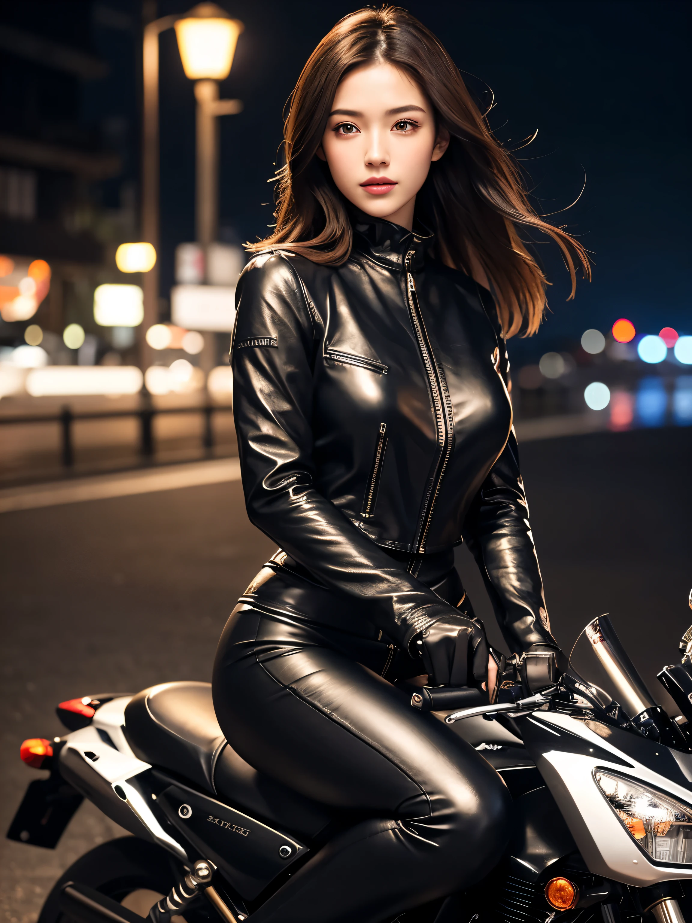 (Masute Piece), full-body-shot, Photos of all motorcycles, Cute young women in Japan, Ride an antique metallic silver motorcycle at the jetty, Charming shape, Shoulder length: light brown hair, shiny, Wear a black leather jacket., Glossy satin red bikini under riding jacket, Black leather gloves, Black leather pants, Black high heels boot, Gaze at the night view over the sea, Absolutely beautiful face., double eyelid, natural make up, long eyelashes, Glossy lips, 8k resolution, high-detail, detailed hairstyle, detailed face, Black eyes, Agents, Epic, Cinematic lighting, Octane Rendering, vibrant, Hyper-Realistic, Fair-skinned, Perfect limbs, perfect anatomy