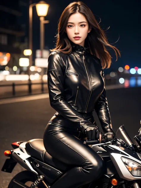 (Masute Piece), full-body-shot, Photos of all motorcycles, Cute young women in Japan, Ride an antique metallic silver motorcycle...