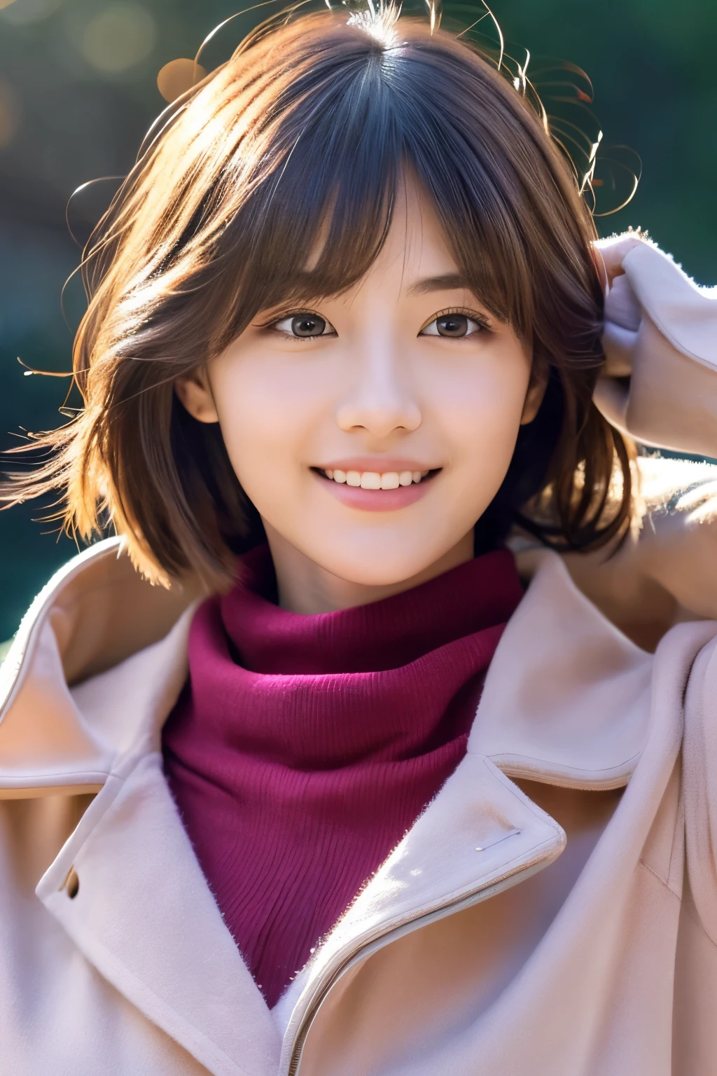 1girl in, (Red Turtleneck, Wearing a pink coat:1.2), (Raw photo, Best Quality), (Realistic, Photorealsitic:1.4), masutepiece, Extremely delicate and beautiful, Extremely detailed, 2k wallpaper, amazing, finely detail, the Extremely Detailed CG Unity 8K Wallpapers, Ultra-detailed, hight resolution, Soft light, Beautiful detailed girl, extremely detailed eye and face, beautiful detailed nose, Beautiful detailed eyes, Short hair, Cinematic lighting, Winter scene, Perfect Anatomy, Slender body, Smiling
INFO　lightly dressed