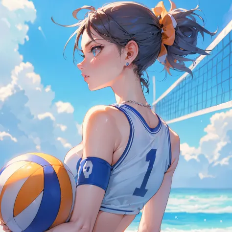 (Best Quality, masutepiece),ultra detailed photographic,1girl in, female beach volley player ,Shoot the ball ,Large breasts,nice...