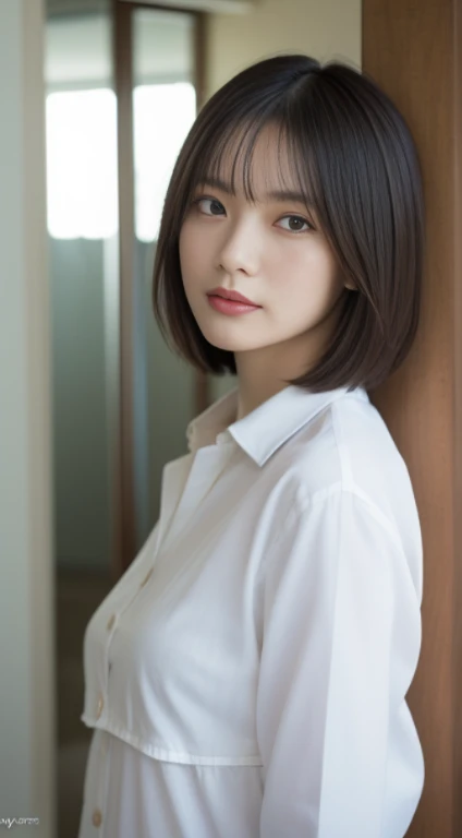 (top quality, 8k, masterpiece: 1.3)), sharp focus: 1.2, pretty woman with perfect figure: 1.4, slender abs: 1.2, ((layered haircut, big: 1.2)), (very thin white button-up shirt), room living alone: 1.2, highly detailed face and skin texture, detailed eyes, double eyelids, (8k, RAW photo, top quality, masterpiece: 1.2), Super detail, super resolution, (realistic and realistic photos:1.37), portrait, high detail RAW color photos, professional photos, very detailed and beautiful, highly detailed, 8k wallpaper, amazing detail, huge file size, official art, very detailed cg unity 8k wallpaper, very detailed beautiful girl, highly detailed face, highly detailed eyes,thigh length,one-piece shirt ,Full body,wearing only a shirt,Underwear