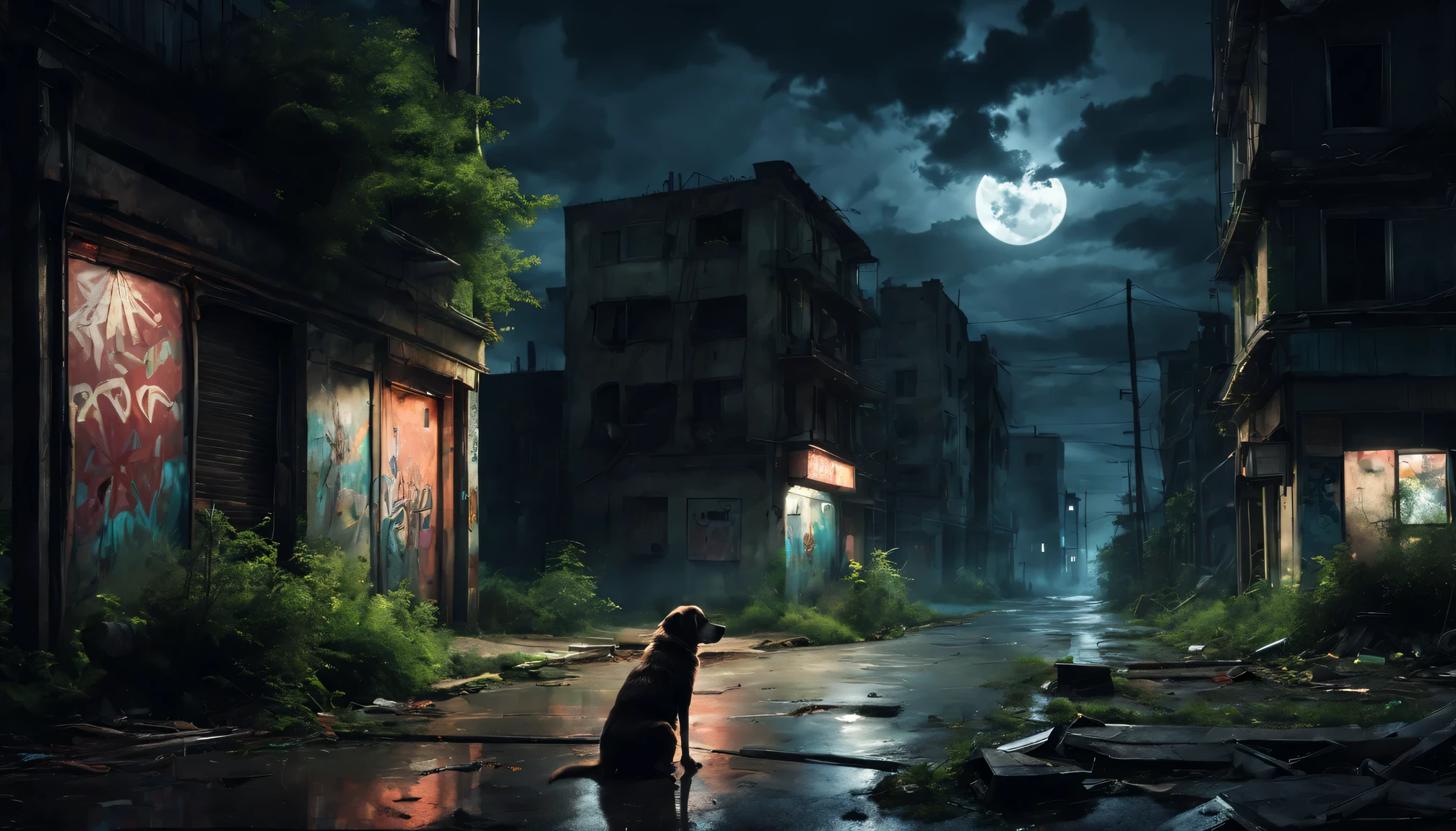 abandoned city nighttime scene，Desolate atmosphere，nighttime scene，Abandoned buildings，Shabby street graffiti，A hungry stray dog is looking for food，Ominous darkness，overgrown vegetation，Post-apocalyptic feeling melancholic color palette，dramatic contrast，intense shading，Clouds in the moonlight，Surreal atmosphere，dystopian background，abrasion，A sky full of star quality,4K,8k,A high resolution,tmasterpiece:1.2,ultra - detailed,current:1.37,