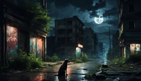 废弃城市nighttime scene，Desolate atmosphere，nighttime scene，Abandoned buildings，Shabby street graffiti，A hungry stray dog is looking...