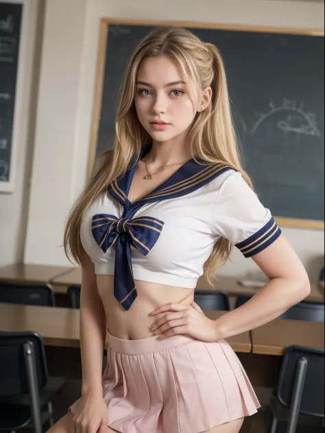 1 girl,19 years old,solo,long hair,looking at viewer,blonde hair,brown eyes,jewelry,full body,necklace,realistic,(medium breasts:1.1),full_shot,(classroom:1.1),(sailor_senshi_uniform:1.3),