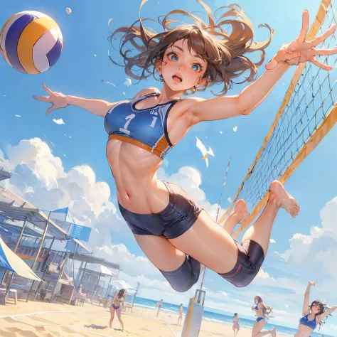 (Best Quality, masutepiece),ultra detailed photographic,1girl in, female beach volley player ,Shoot the ball ,Large breasts,nice legs, At the beach volleyball venue,Detailed beautiful face,Beautiful eyes,detailed hairs,detailed  clothes,Detailed realistic ...