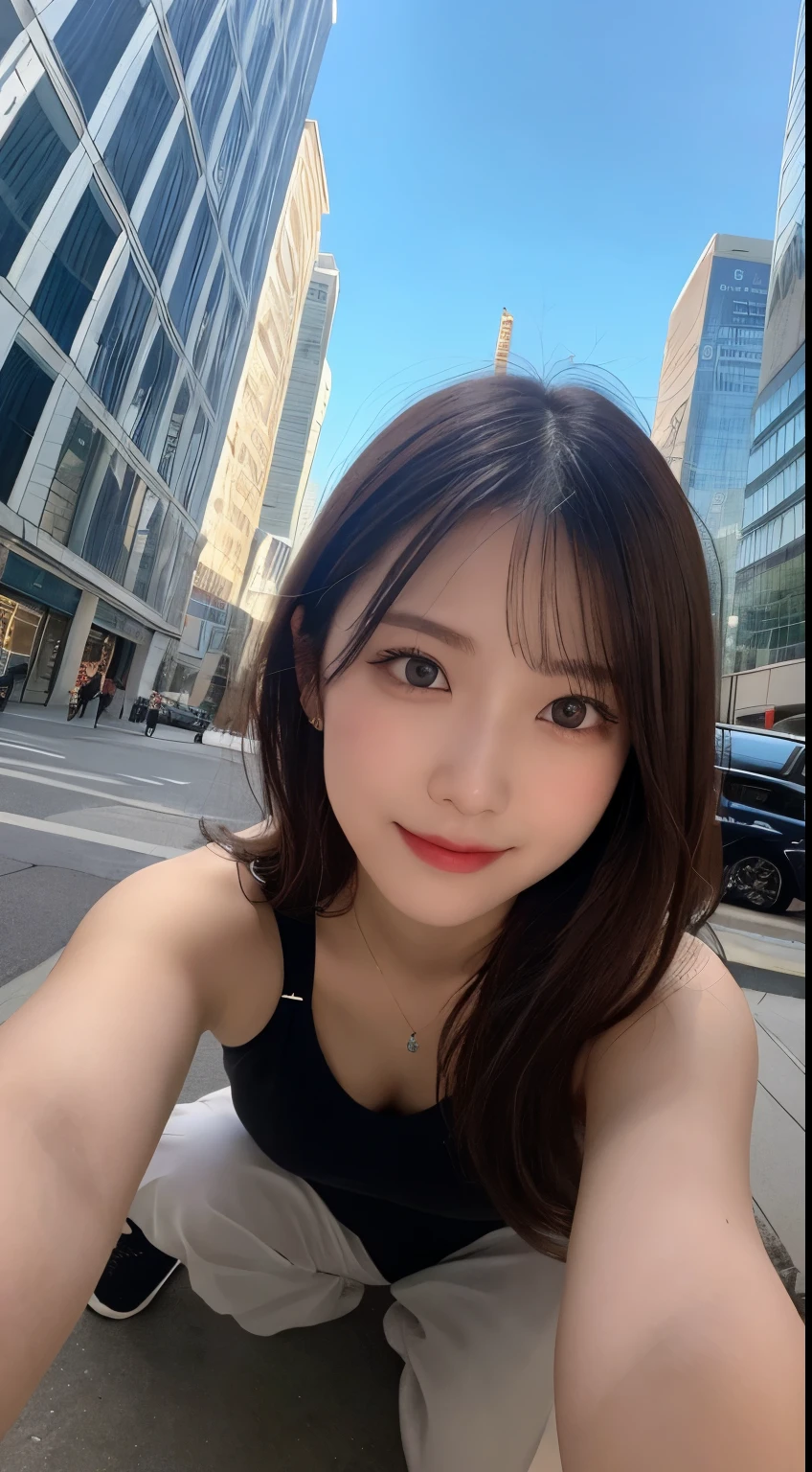 A close up of a woman sitting on the ground in front of a building ...