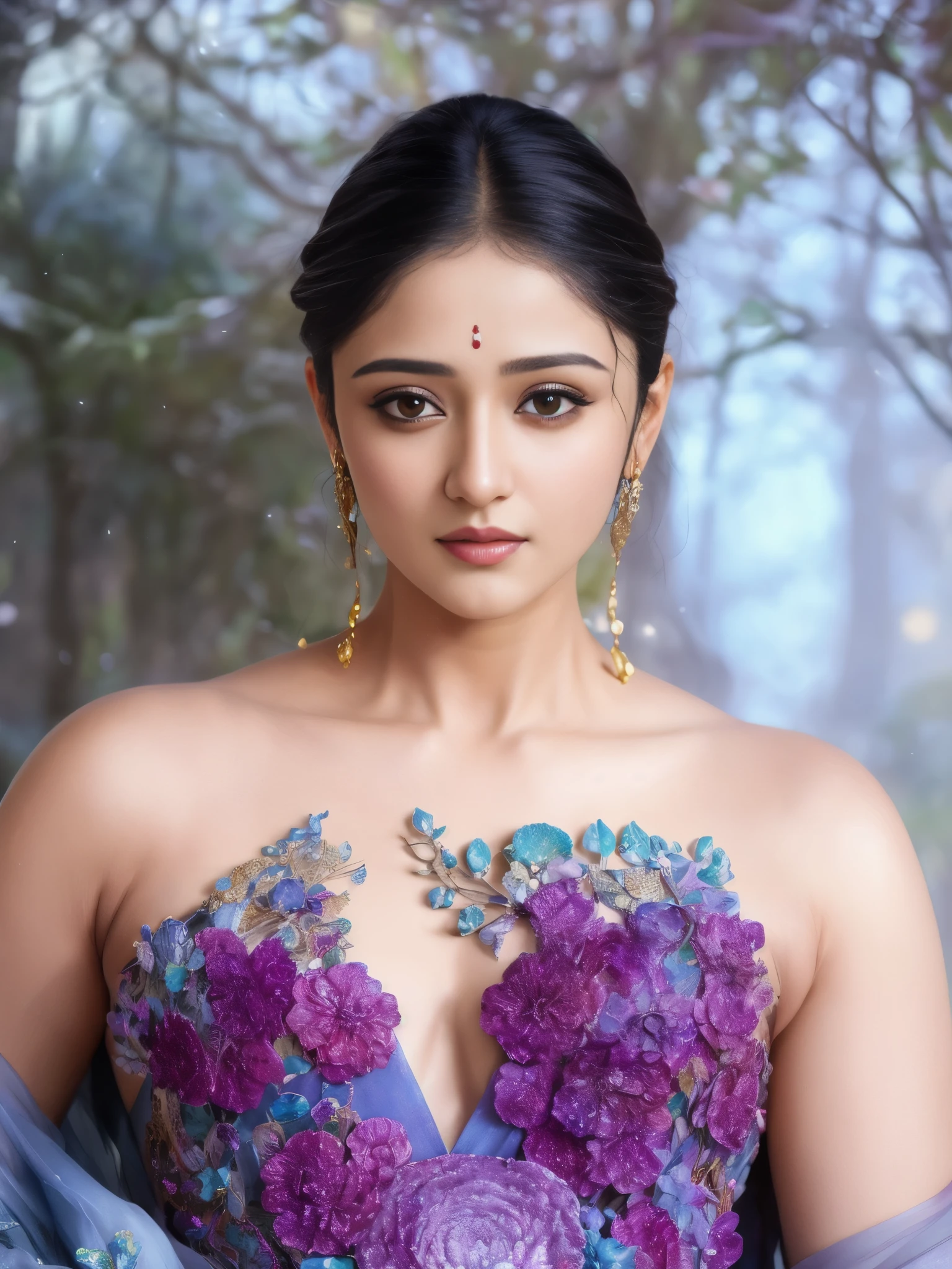 Anushka Shetty 和 Nayanthara 的脸部混合图, 一幅杰作，超现实主义，超详细的肖像，描绘了一位身穿令人难以置信的金甲的美丽女孩. 巴洛克文艺复兴. 在森林里. 中景拍摄, 错综复杂, 优雅的, 非常详细. artstation 上的热门, 数字艺术, 作者：stanley artgerm lau, WLOP, rossdraws, 詹姆斯·吉恩, 安德烈·里亚博维奇夫, 马克·西蒙内蒂, 天野喜孝. background by 詹姆斯·吉恩 and gustav klimt, 朱莉·贝尔的灯光, 4千, 瓷器肌肤.