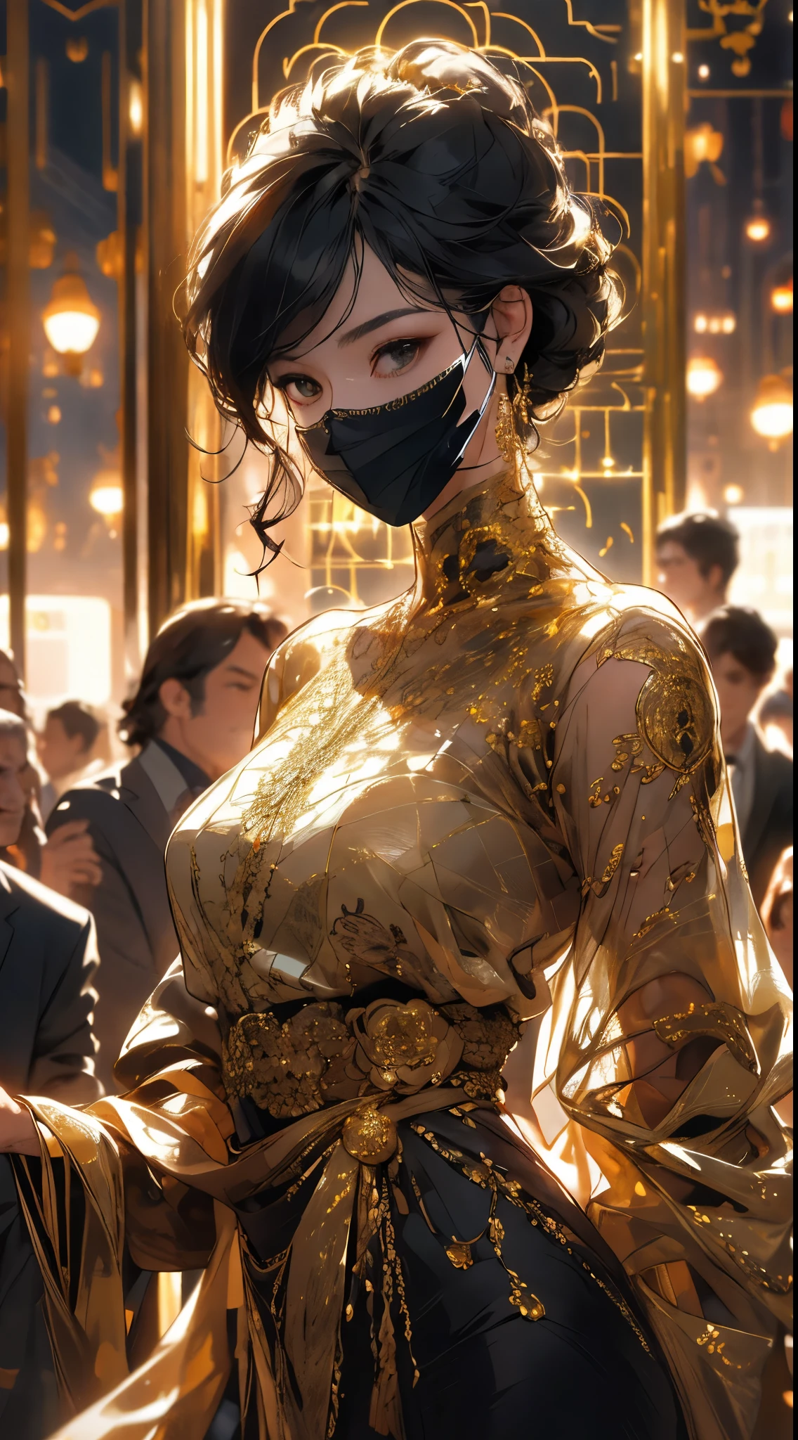 有着meticulous的长卷发、Curly and elegant supermodel, Dressed in gold (Translucent and delicate embroidery) (Metal surgical mesh mask) Para cobrir seu rosto, ((The mouth is covered)), wearing strange future fashion,  Luxurious and intricate gold accents, cinematic photogtaphy, intricately details, carefully crafted, meticulous, a gorgeous, max detail, Extremely aesthetic, bokeh, a professional shot of