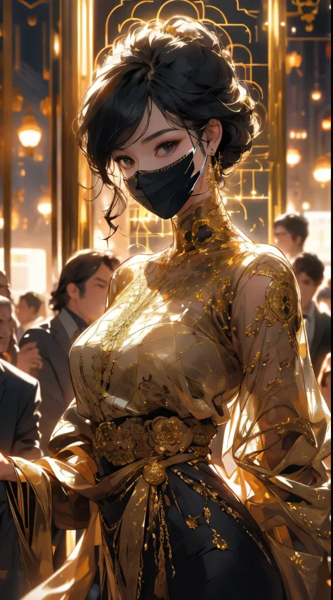 有着meticuloso的长卷发、Curly and elegant supermodel, Dressed in gold (Translucent and delicate embroidery) (Metal surgical mesh mask) ...