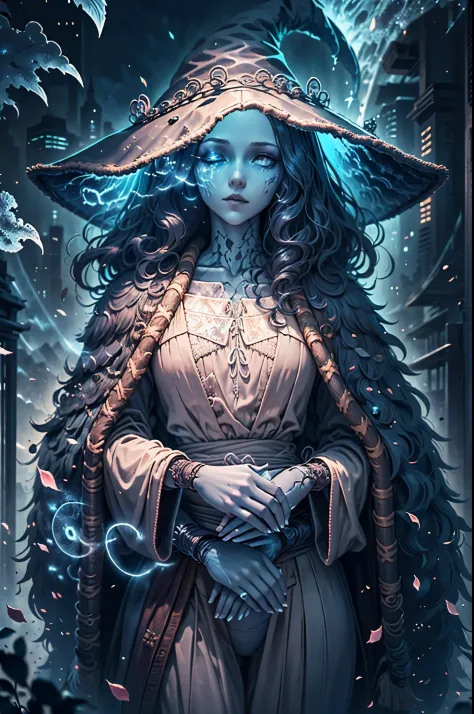 Luna Ranni a woman dressed as a witch , , alphonse mucha and rossdraws, glowing blue, priestess in a conical hat, cgsociety, hal...