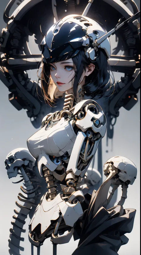 Anime style image of a woman with a skeleton body and helmet, unreal engine rendered + goddes, biomechanical oppai, Highly detailed cybernetic mechanics, white biomechanical details, female robot body, 3D rendering character art 8k, Detailed body, Complex ...