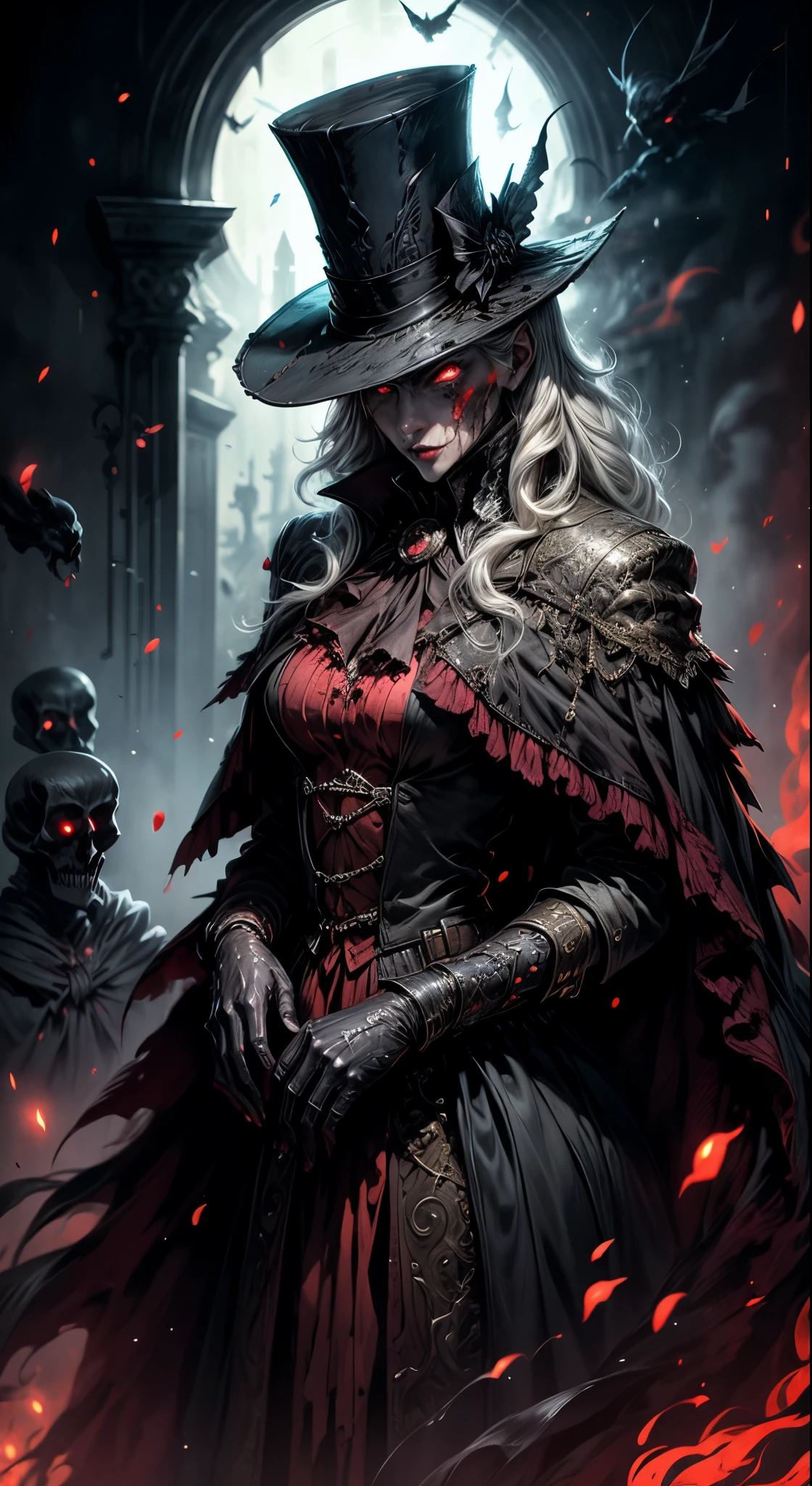 （comical，A high resolution，super-fine），（Vampires），（((Red glowing eyes))）looks into camera，Evil eyes in the shadows，Clear facial features，（Top hat），Vampire fangs exposed，Wear gorgeous gothic dresses，Silvery hair，rosette，Skull decoration，the bats，The body is surrounded by red mist，rays of moonlight，Kingly temperament，cinematic rim light，The light is delicate，tmasterpiece，ultra - detailed，Epic composition，Super HD，high qulity，HighestQuali，32K