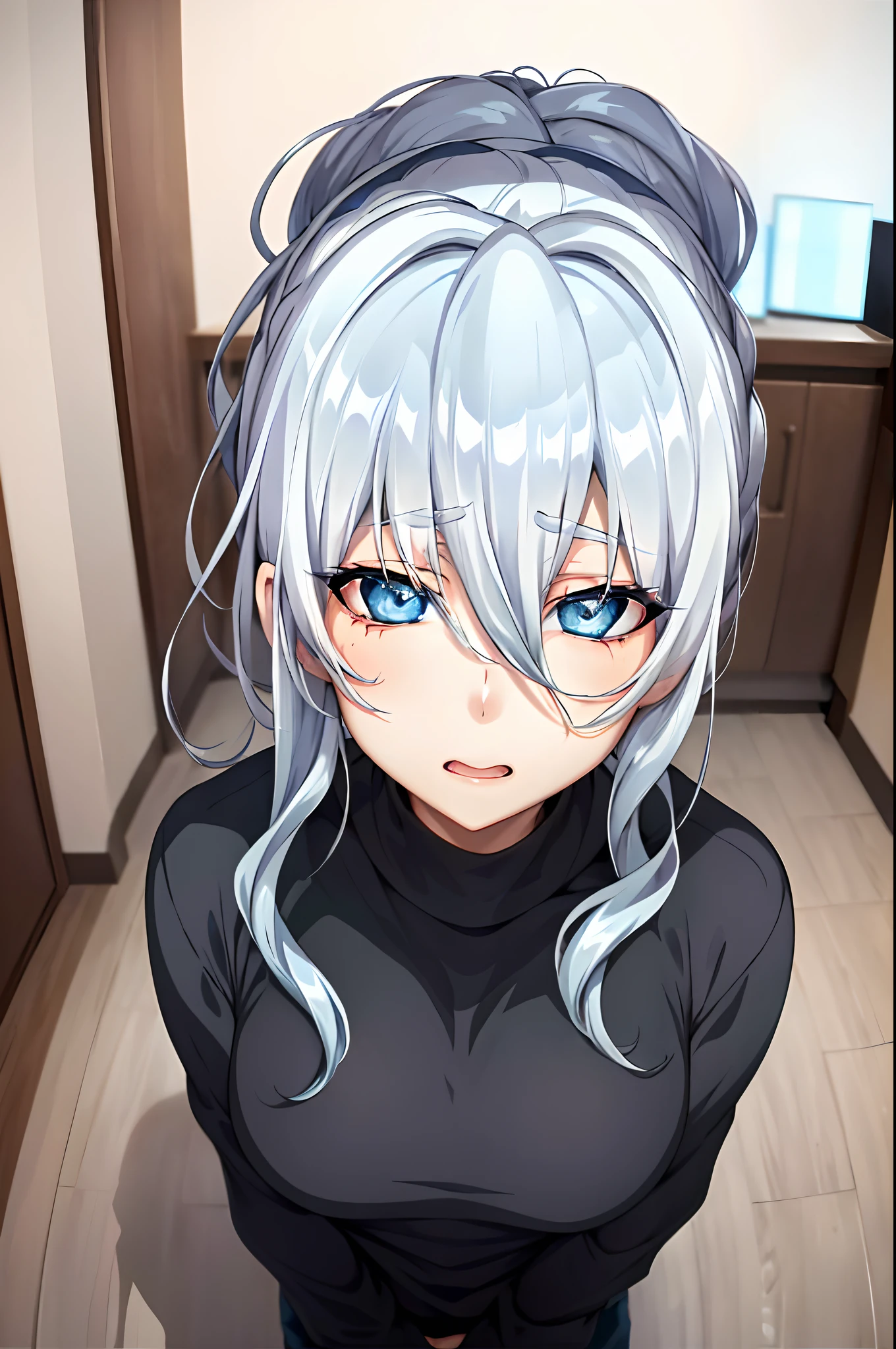 Anime girl with white hair and blue eyes in a black top SeaArt AI