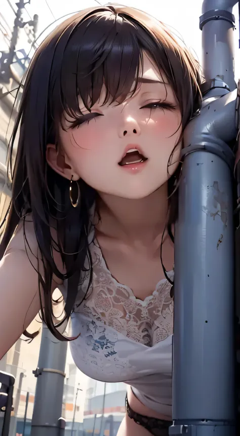 high-definition images, atmospheric perspective, 8k, super detail, accurate, best quality, angle from below, drooping eyes, ecstasy, (sleeping face), straddling to hit her panties against the exposed pipe on the street, at factory area, tiny earrings, long...