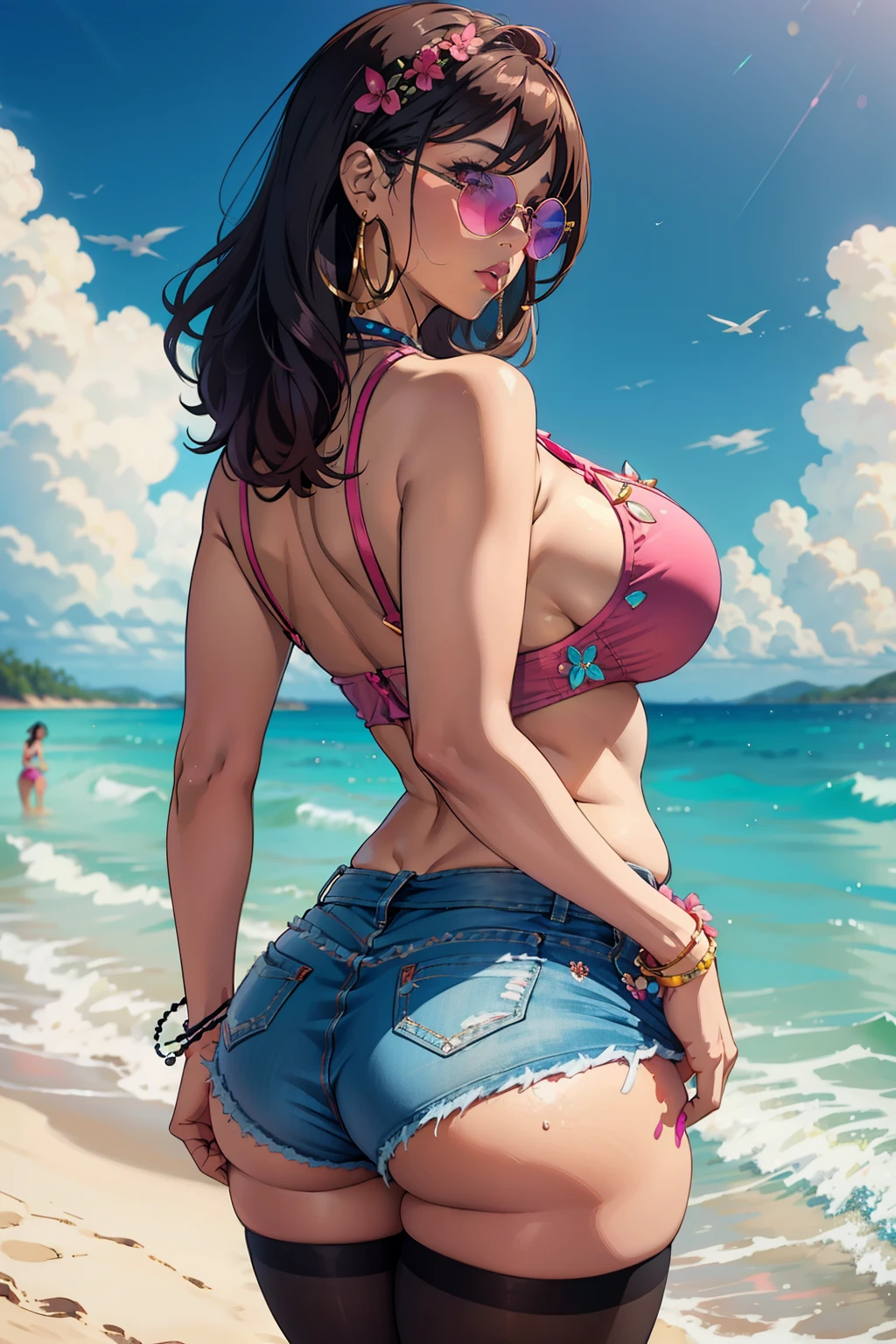 Best quality, solo mature woman, giant breasts, giant ass, very curvy, tanned skin, middle parted hair with curled ends, sea pink eyes, full lips, seductive, sea pink sunglasses, rhinestone beaded singlet, pleated denim skirt, flower earrings, flower necklace, thick thighs, curvy physique